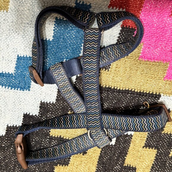 No Pull Dog T-Harness, Chevron Pattern Blue & Green with Brown Buckle - Picture 10 of 14